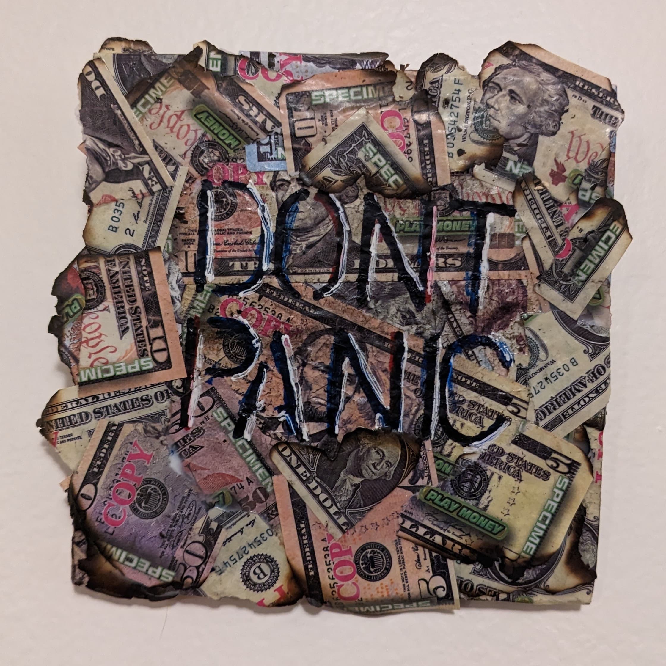In light of the recent run on several US banks, this work uses fake or "play" money to parallel how banks and the government "play" with the money in the system, demonstrating how fragile our economic systems are. The words "DON'T PANIC" span the front, written with highlights of red, white, and blue to connote the government message to prevent a run on the banks.